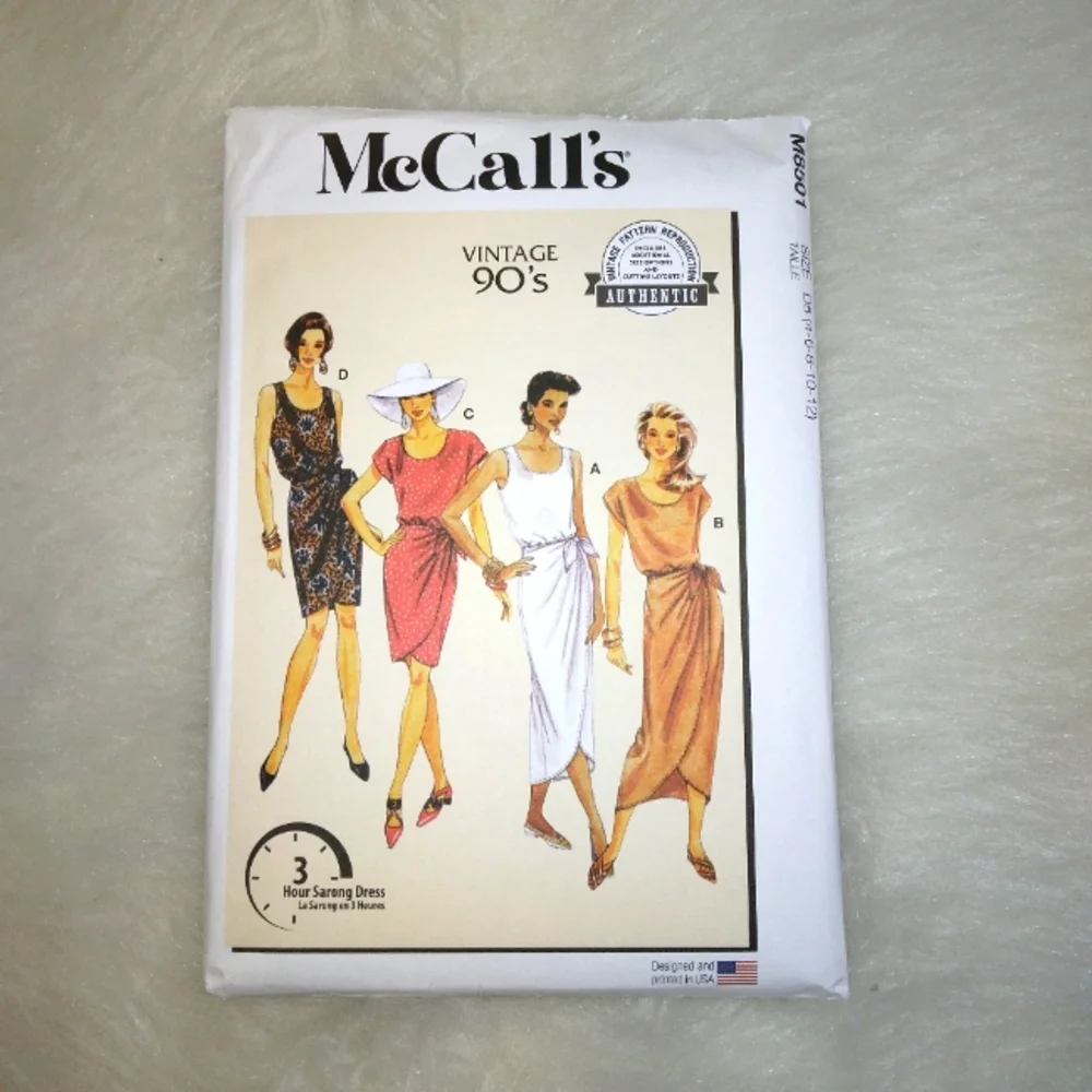 MCCALL'S M8501 Sz 4-12  Mock Sarong Dress in 2 Lengths, 1990s Style